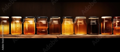Varieties of Honey Displayed in Rows of Jars on a Rustic Shelf