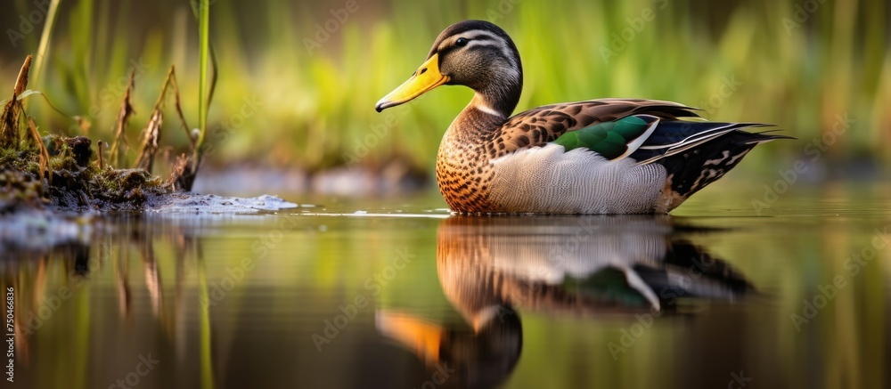 Fototapeta premium Male Mallard Duck Gliding Across Reflective Pond Water in Serene Natural Habitat