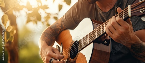 Passionate musician strumming acoustic guitar outdoors with focus on hands and instrument photo