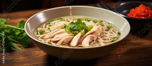 Delicious Chicken Noodles Soup Presentation with Colorful Vegetables in a Bowl