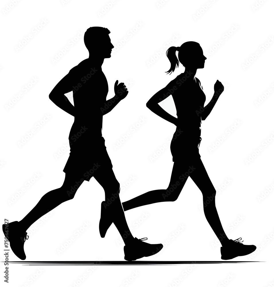 Silhouette of a Male and Female Runner, Side Profile, Jogging Partners, Healthy Lifestyle, Athleticism, Marathon Training Concept Illustration