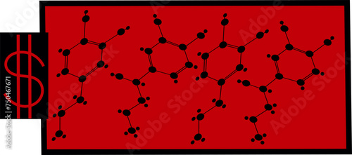 Abstract vector illustration of chasign Money that brings happiness displaying a Dollar symbol that is followed by adrenaline and dopamine neurotransmitter symbols, colored in black and red photo