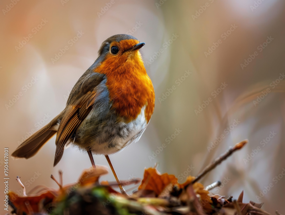 A robin with a bright red breast perched on a twig, surrounded by autumn leaves.