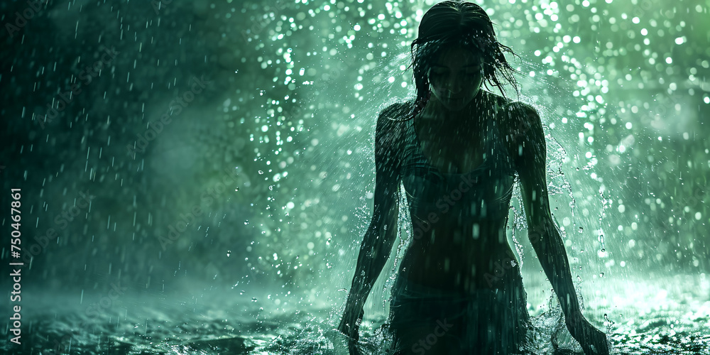 beautiful woman in a rainforest waterfall