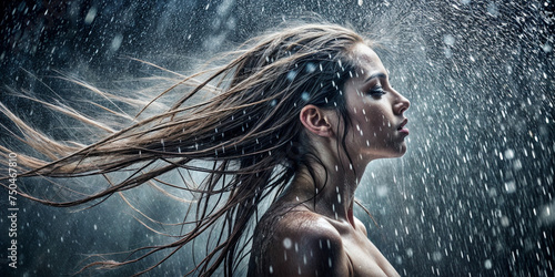 Женщина с распущенными волосами изображена на фоне капель воды.