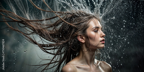 Женщина с распущенными волосами изображена на фоне капель воды. photo