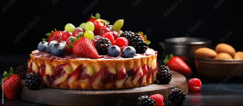 Delicious Homemade Fruit Cake with Fresh Berries and Strawberries on a Rustic Wooden Board Delicious Homemade Fruit Cake with Fresh Berries and Strawberries on a Rustic Wooden Board