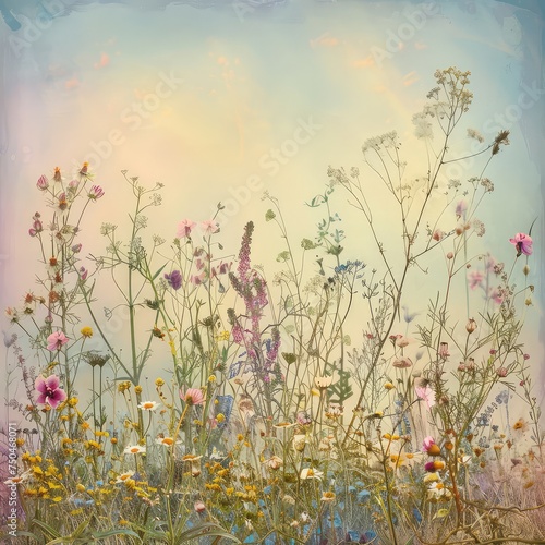 Delicate Wildflowers Blooming in a Vintage Setting Against a Pastel-Toned Background