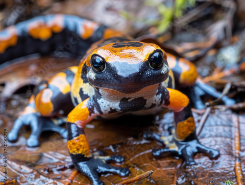 Vibrant yellow and black salamander on leafy ground, with glistening, moist skin. photo