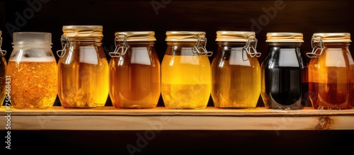 Varieties of Honey Filled Jars Stacked on Rustic Wooden Shelf