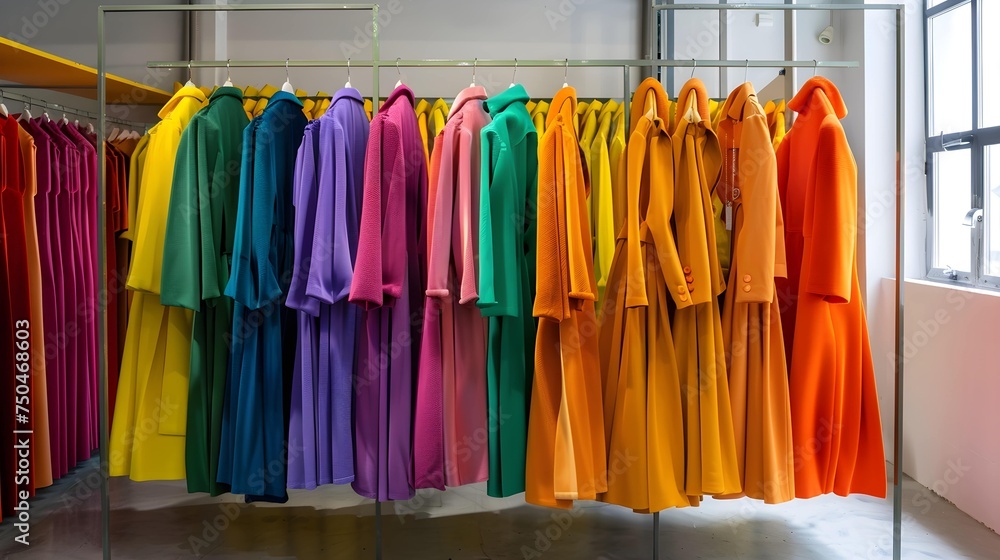 Colorful clothes on racks in a fashion boutique