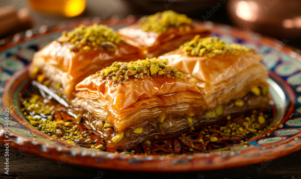 Golden, flaky Baklava drizzled with syrup and sprinkled with pistachios, presented on a decorative plate. Perfect for showcasing in a dessert cookbook or as an elegant sweet treat feature Golden, flaky Baklava drizzled with syrup and sprinkled with pistachios, presented on a decorative plate. Perfect for showcasing in a dessert cookbook or as an elegant sweet treat feature