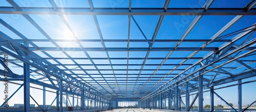 Modern Steel Structure Construction in Progress Against Clear Blue Sky