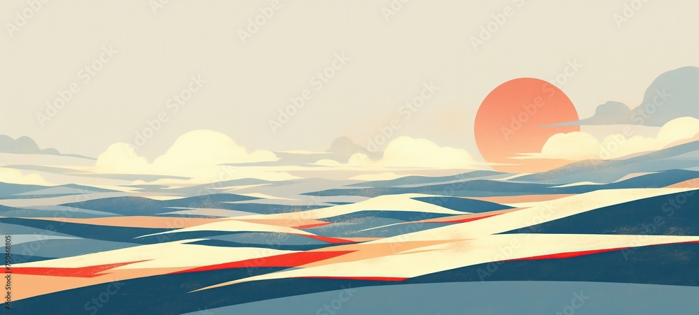minimal grungy texture summer background illustration,  sunset on ocean at horizon, Ai Generated - obrazy, fototapety, plakaty 