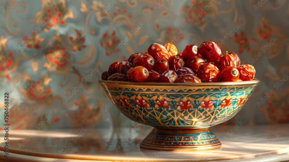 A bowl of dates is placed on the table at home A bowl of dates is placed on the table at home