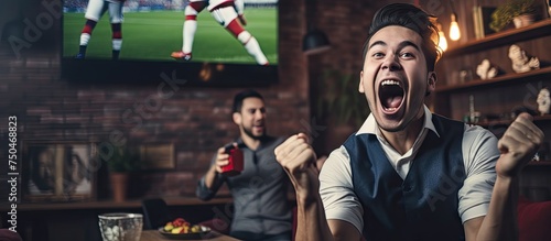 Excited Asian Man Celebrating Victory While Watching Football on TV at Home