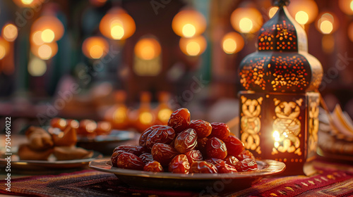 Khajoor sweet dates with the lantern on the wooden table