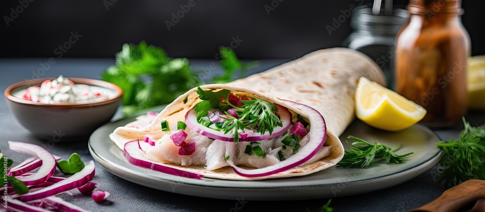 Delicious Fresh Fish Burrito with Zesty Tartare Sauce, Cucumbers, and Red Onions