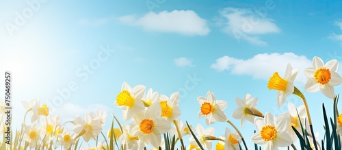 Sunny Spring Day  White and Yellow Daffodils Bloom Under Blue Sky with Vibrant Colors