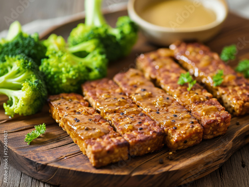 Baked tempeh with honey mustard glaze and steamed broccoli on wooden platter
