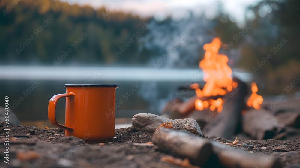 Orange cup of coffee on the background of a campfire in the forest. Orange cup of coffee on the background of a campfire in the forest.