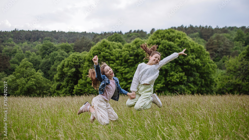 Fototapeta premium Two sisters playing at meadow in grass, having fun, running and jumping. Sisterly love and siblings relationship concept.