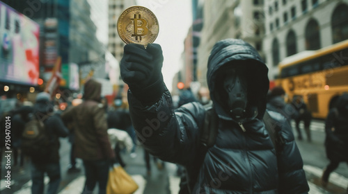 Digital currency physical gold bitcoin coin in the hands of a man in the street