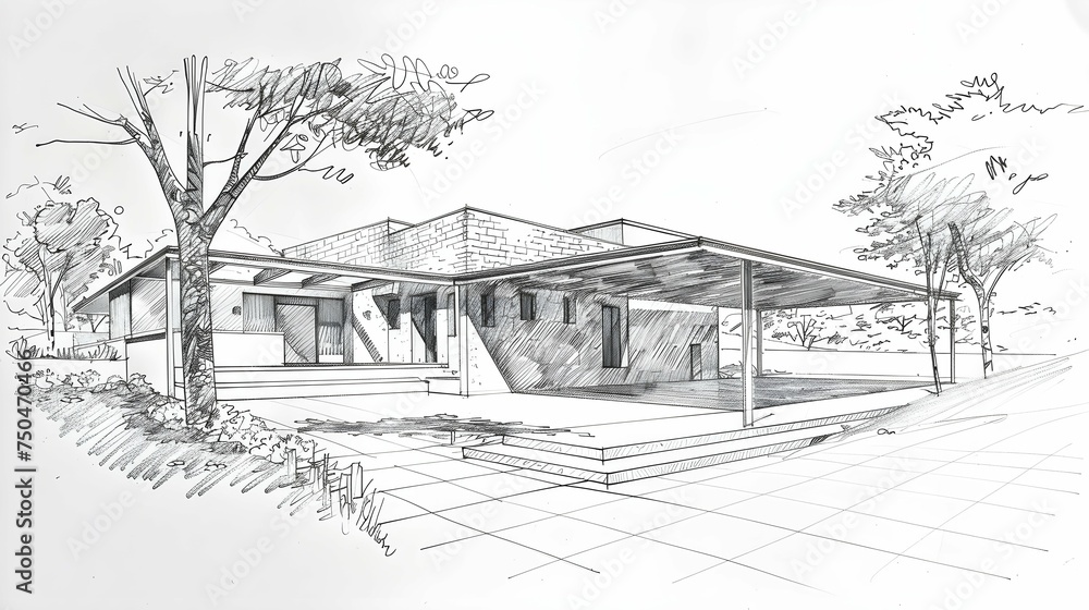 Pencil drawing. black white. House sketch by architect