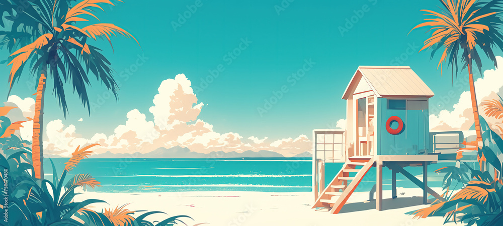Fototapeta premium summer background illustration, summer island white sand beach with small bungalow hut, Ai Generated