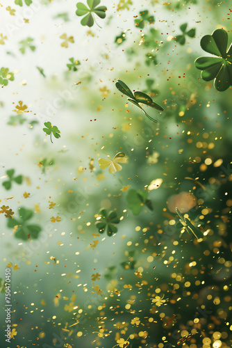 St. Patrick's Day Shamrock leaf falling with gold glitters . 3D render frame space for text