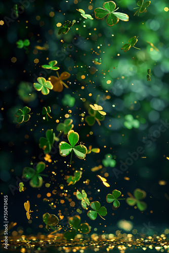St. Patrick's Day Shamrock leaf falling with gold glitters . 3D render frame space for text