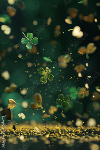 St. Patrick s Day Shamrock leaf falling with gold glitters . 3D render frame space for text
