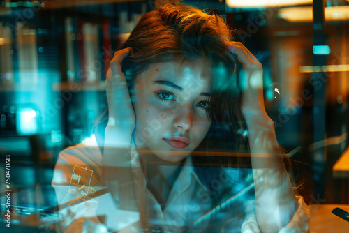 a lovely young woman studying through a transparent computer screen, deep in contemplation.