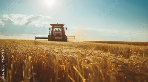 Golden Harvest: A Combine Harvester Collecting Wheat in the Warm Glow of Sunset