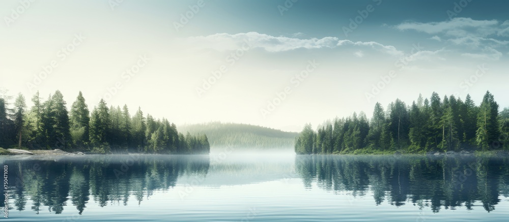 Tranquil Lake Scene - Boat Floating on Calm Waters Surrounded by Serene Forest