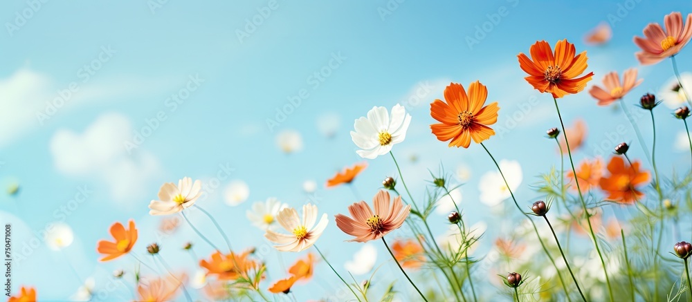 Vibrant Wildflowers Blooming Under a Clear Blue Sky in a Lush Meadow Landscape