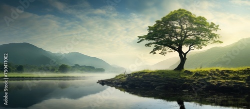 Majestic Single Tree Standing Tall in the Center of a Serene Lake Surrounded by Lush Greenery