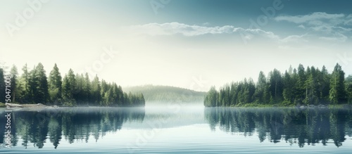 Tranquil Lake Scene - Boat Floating on Calm Waters Surrounded by Serene Forest