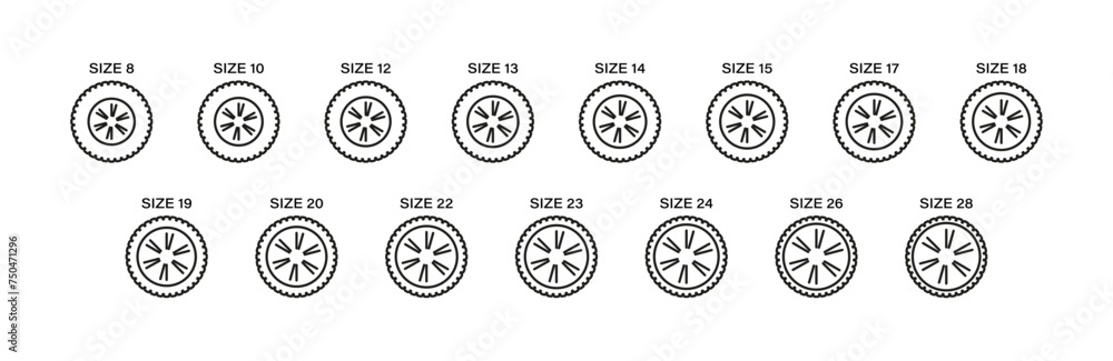 Car wheel size icons. Automobile tires sizes vector icon set. Car wheel size icons. Automobile tires sizes vector icon set.
