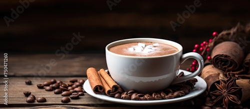Warm Mug of Hot Chocolate with Cinnamon Sticks Resting on Rustic Wooden Surface