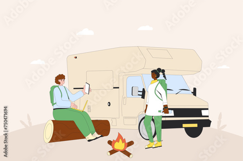 Young women with laptop and mobile sitting on the log near van. Digital nomad and work life balance. Tourist wellbeing. Hiking and camping character.s Vector illustration