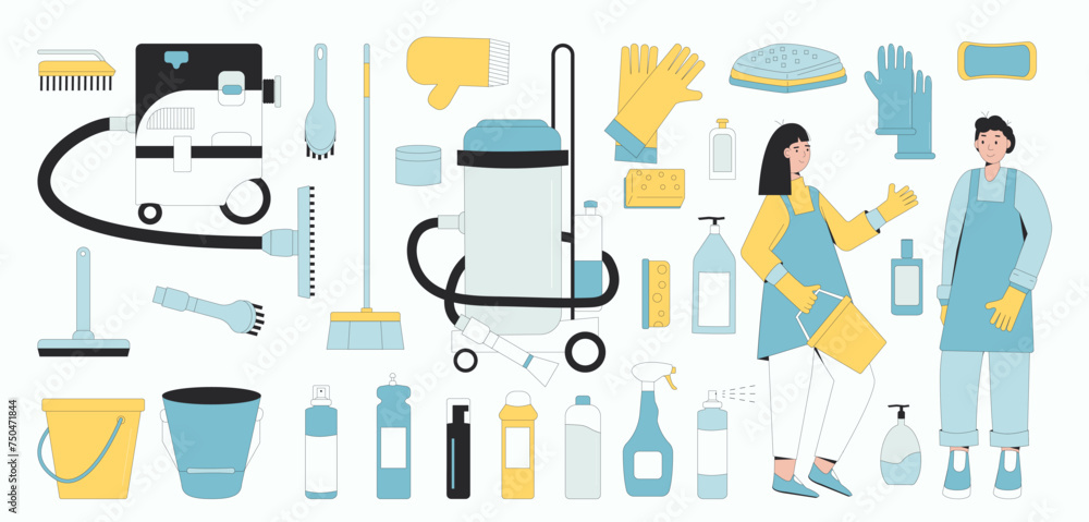 Cleaning service set isolated on white background. Housekeepers and season wash home items and equipment collection. Vacuum, gloves and brushes with bottles for cleanup. Vector flat illustration Cleaning service set isolated on white background. Housekeepers and season wash home items and equipment collection. Vacuum, gloves and brushes with bottles for cleanup. Vector flat illustration