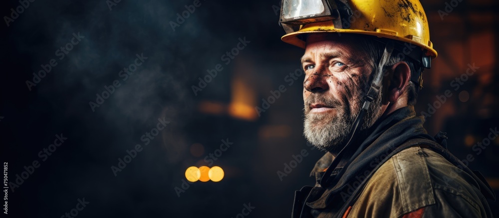 Fototapeta premium Skilled Firefighter Prepared for Action in Protective Gear with Helmet and Jacket