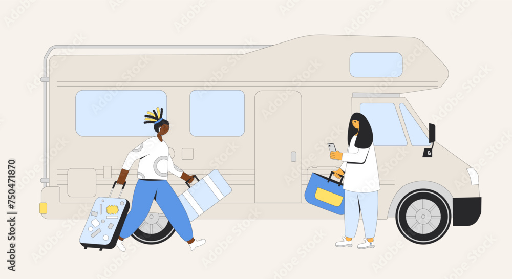 Friends travelling by car. Two young woman prepare to caravan, camper trailer adventure. Road trip vacation. Summer holiday journey. Vector flat illustration