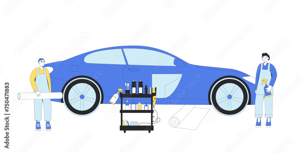 Professional wrap film installers Vehicle wrapping car detailing in studio. Repair auto. Vector illustration in flat with outline