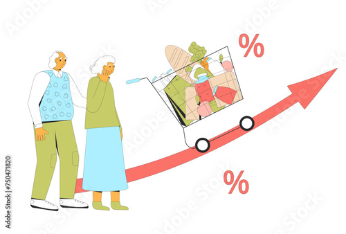 Food price inflation. Elderly couple in economical finance crisis.