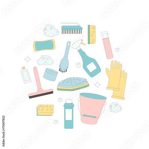 Cleaning service circle badge isolated on white background. Season wash home supplies in round composition. Vector flat with outline illustration