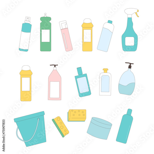 Cleaning supplies set with bucket and sponges isolated on white background. Vector flat illustration