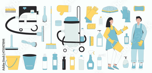 Cleaning service set isolated on white background. Housekeepers and season wash home items and equipment collection. Vacuum, gloves and brushes with bottles for cleanup. Vector flat illustration