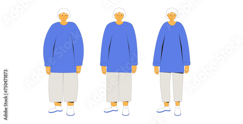 Weight loss elderly woman sequence. Before and after sport exercises. Senior woman character with different body mass on white background. Vector flat illustration with outline.